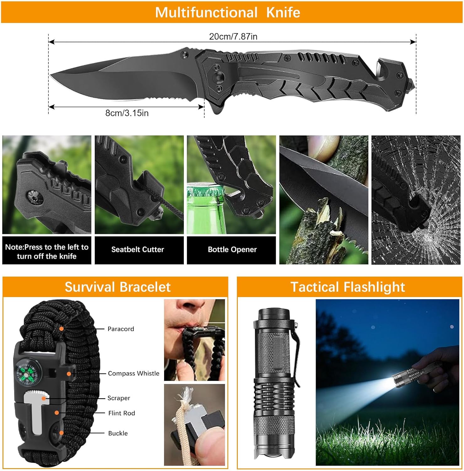 Survival Kit 18 in 1, Professionelles Notfallset Outdoor Home, Premium Set Messer Outdoor-Ausrüstung, Survival-Ausrüstung für Camping, Bushcraft, Wandern, Jagd, Abenteuer, Männer, Väter – Bild 6