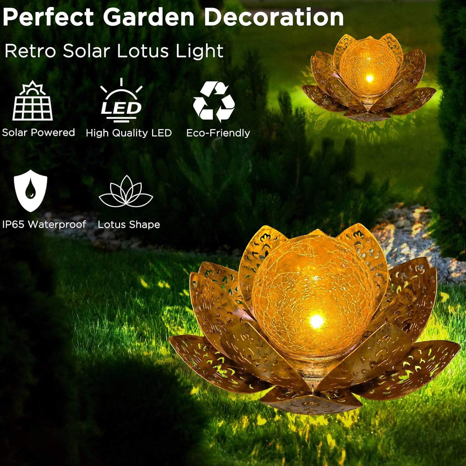 Solarleuchten für den Außenbereich, Solar-Lotus-Gartendekoration, Solar-Bodenleuchte für den Garten, warmes Licht, Gartenleuchten für die Terrassendekoration im Freien, LED-Solarleuchten, wasserdichte Metall-Solarlaterne – Bild 2