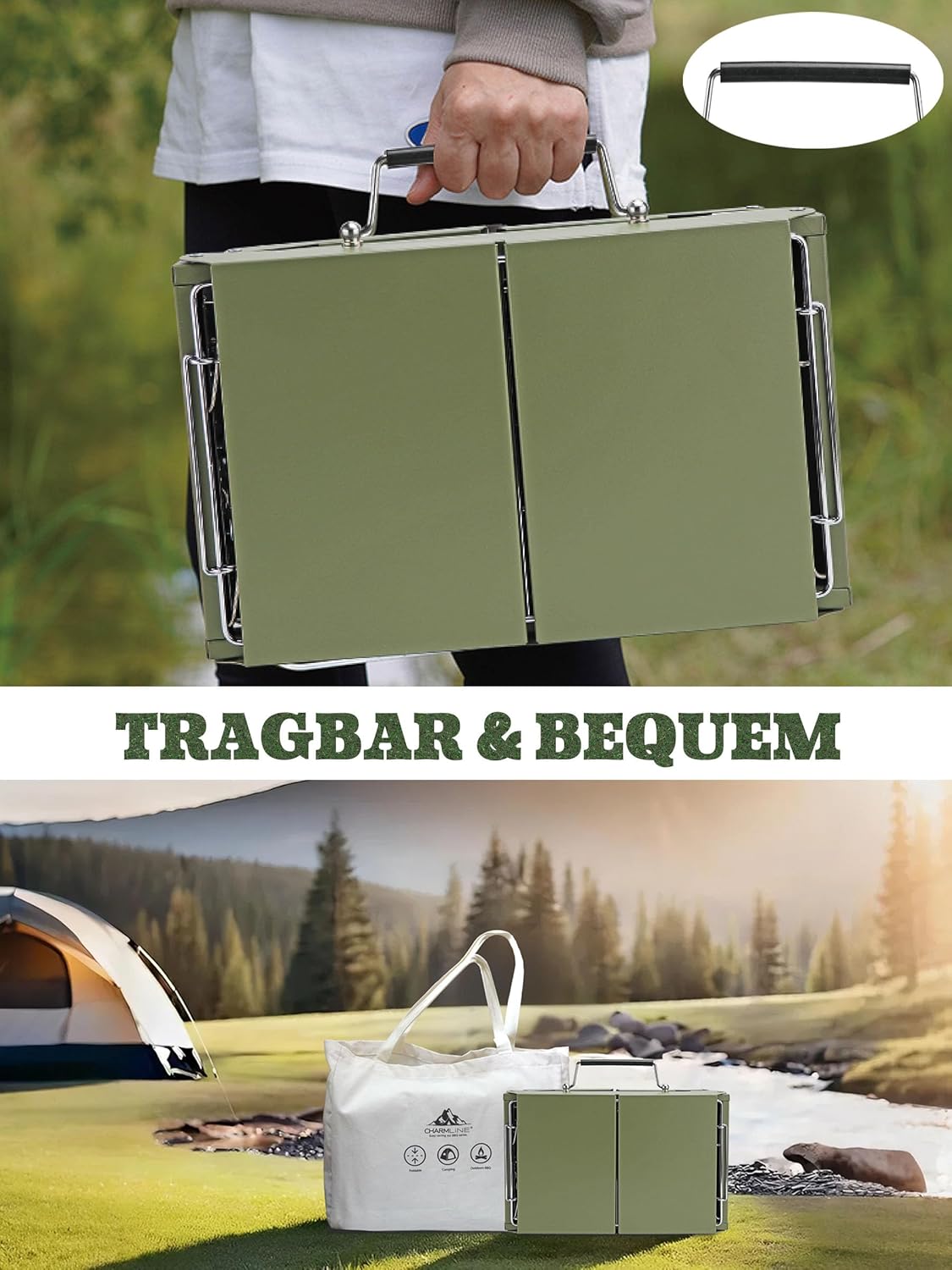 Charmline Tragbarer Holzkohlegrill, klappbarer Campinggrill 35 x 23 cm für 1–3 Personen, Mini-BBQ-Grill für Balkon, Garten, Camping, Picknick und Strand, Grün – Bild 6