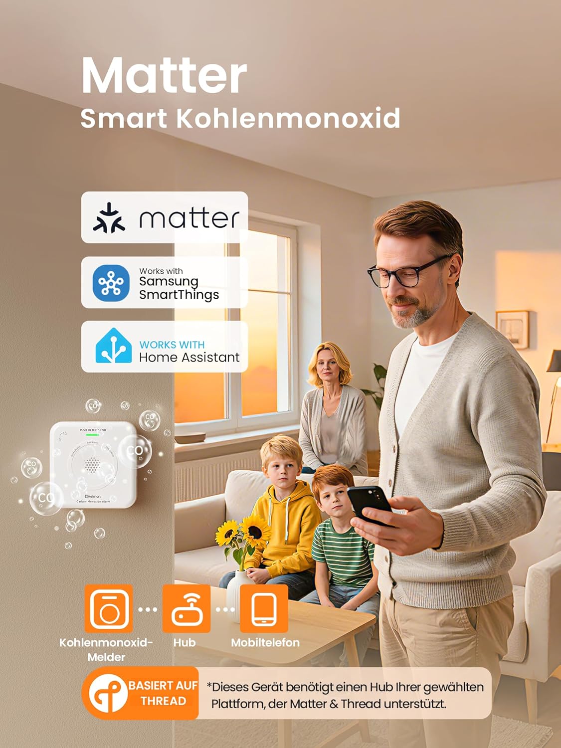 Heiman Smart Kohlenmonoxid-Detektor, Materie über Gewinde (Hub erforderlich) – CO-Detektor für SmartThings & Home Assistant, EN 50291, austauschbare Batterie, 10 Jahre Sensor, 85 dB, HS-725ES-M – Bild 2
