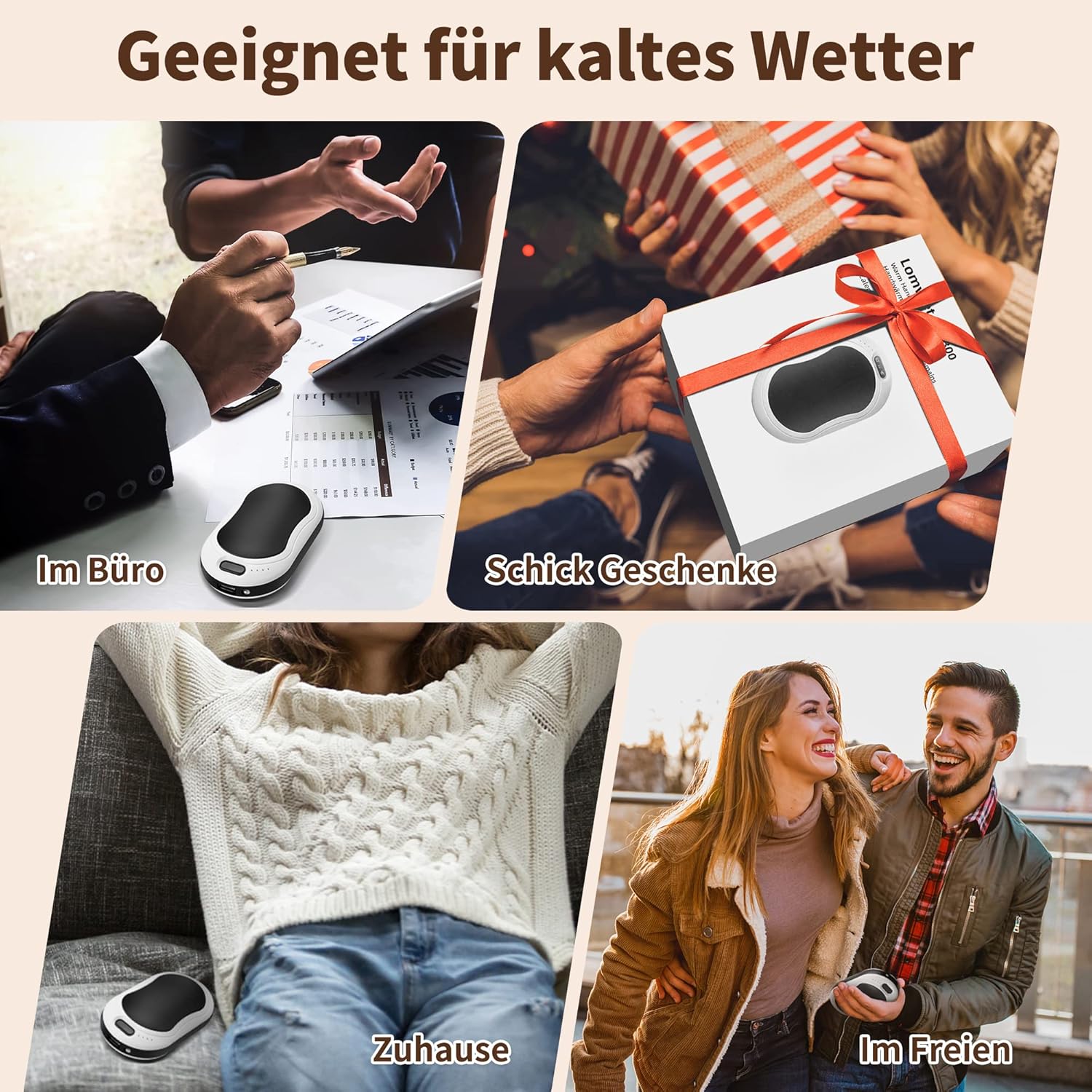 Elektrische Handwärmer, 2er-Set, 10.000 mAh, Taschenwärmer, wiederverwendbar mit Digitalanzeige, Handwärmer, USB wiederaufladbare Powerbank, Wintergeschenk für Frauen und Kinder (Schwarz & Silber) – Bild 7