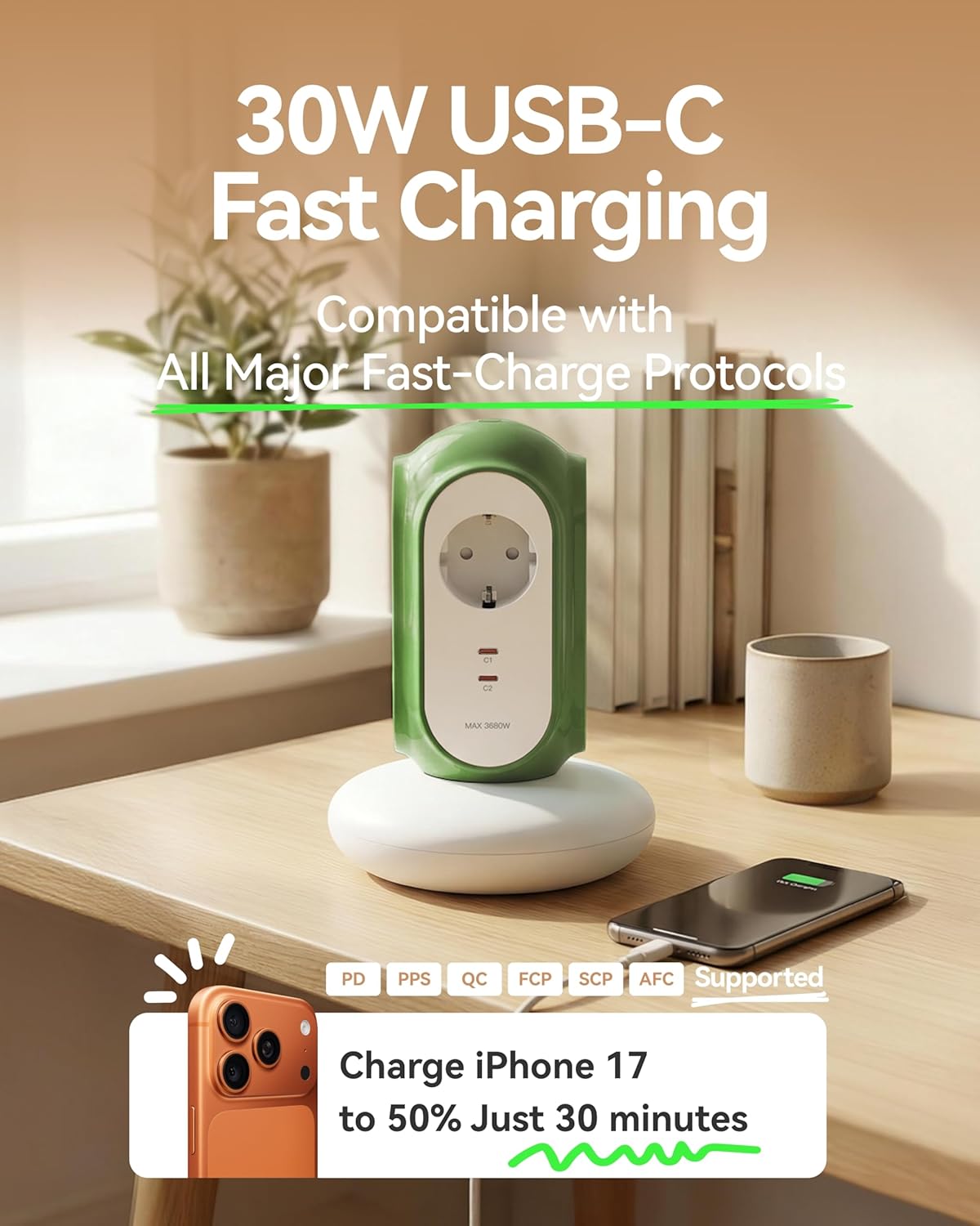MiaoLab Steckdosenleiste mit 3 Steckdosen und 2 USB-C (30 W Schnellladung), 3680 W/16 A, 1420 J Überspannungsschutz, 479 g Basis, 2 m Verlängerungskabel, Überlastschutz, kompatibel mit Typ C/E/F – Bild 2
