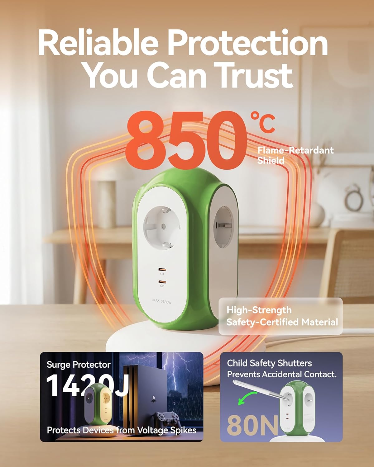 MiaoLab Steckdosenleiste mit 3 Steckdosen und 2 USB-C (30 W Schnellladung), 3680 W/16 A, 1420 J Überspannungsschutz, 479 g Basis, 2 m Verlängerungskabel, Überlastschutz, kompatibel mit Typ C/E/F – Bild 5