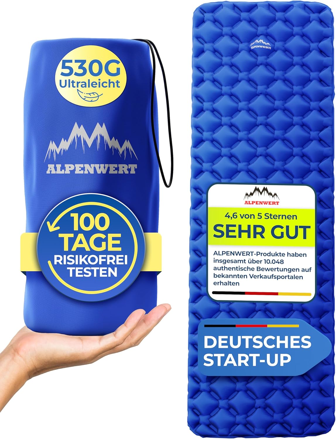 Alpenwert® Outdoor-Isomatte (kleines Packmaß & ultraleicht) Luftmatratze perfekt für Camping, Wandern, Rucksackreisen und vieles mehr – Isomatte aufblasbar