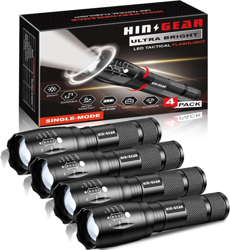 1 Modus Taschenlampe Extrem Hell 4 Stück, Aluminium 2000 Lumen LED Taschenlampe Batteriebetrieben, IP65 Wasserdichte Handlampe Zoombar für Camping, Wandern, Outdoor, Notfall, Geschenk