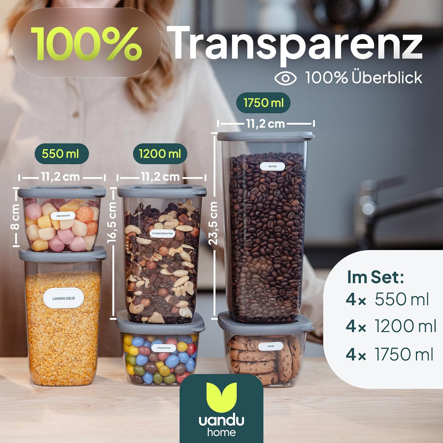 uandu Vorratsdosen mit Deckel, luftdicht – Set mit 12 Vorratsbehältern, BPA-frei, Küchen-Vorratsdosen für Müsli, Mehl und Zucker, mit Etiketten – Bild 3