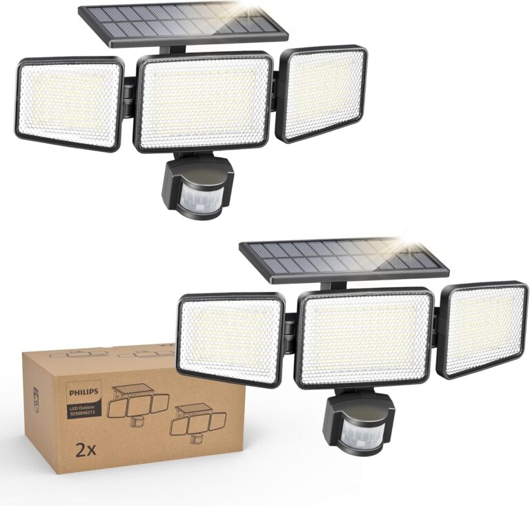 Philips Solarleuchten für den Außenbereich mit Bewegungssensor, 302 LEDs, 1200 Lumen, solarbetriebene wasserdichte Wandfluter, 3 Köpfe, IP65 wasserdicht, 3 Modi (2er-Pack)