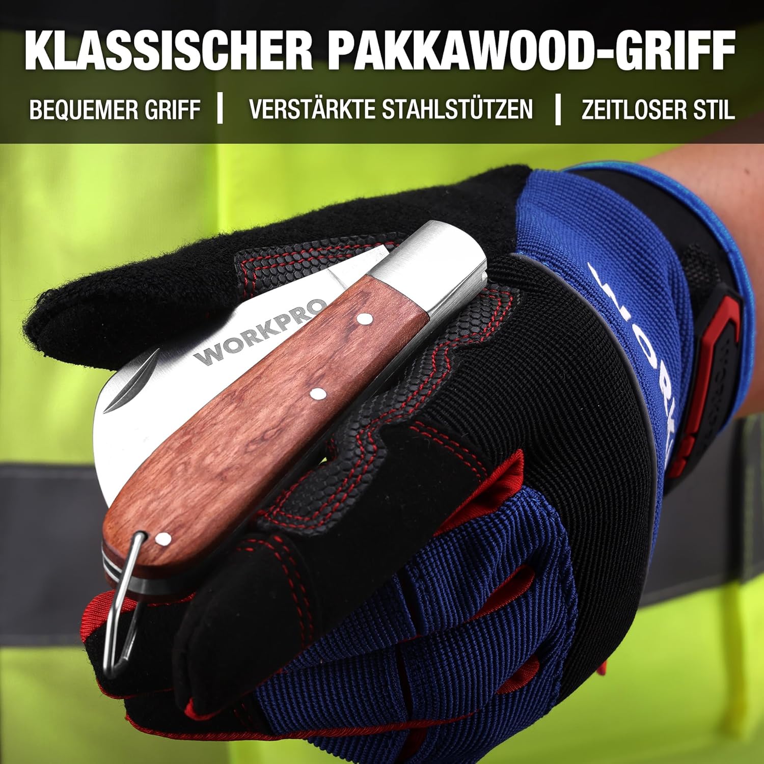 WORKPRO Klappbares Elektrikermesser mit gebogener Edelstahlklinge, poliertem Holzgriff, verstärkter Stahlzwinge, mit Bandring und Nagelkerbe, ideal zum Abisolieren von Kabeln, für Gartenarbeiten und den Einsatz im Freien – Bild 4