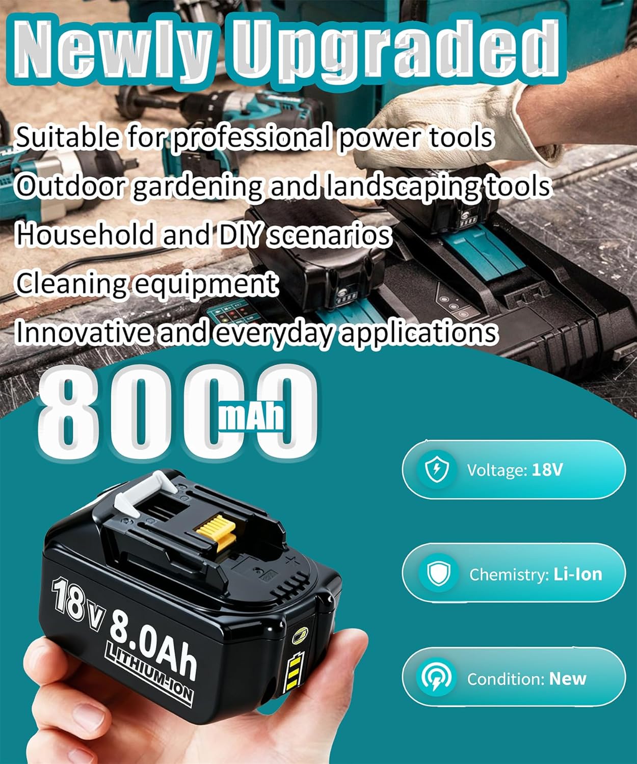 Hohe Kapazität 18 V 8,0 Ah/8000 mAh Verbesserter 2 x Ersatzakku für Makita + Dual Port 6A Ladegerät DC18RD Kompatibel mit BL1860B BL1850B BL1840B BL1830 BL1835 194205-3 LXT-400 mit LED-Werkzeugakku – Bild 4
