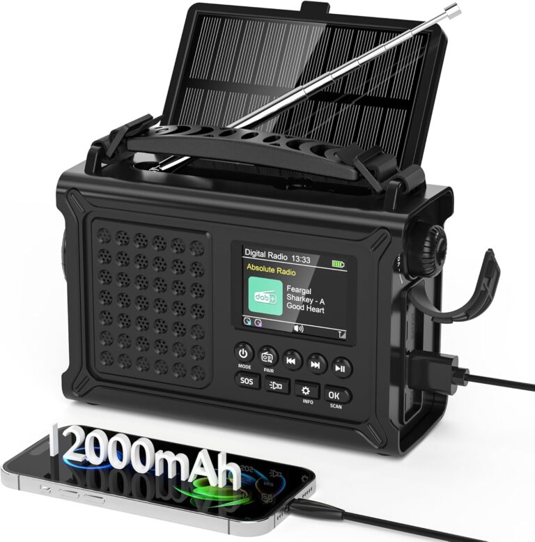 Kurbelradio DAB/FM, tragbares Solar-Notfallradio mit 12000 mAh wiederaufladbarer Powerbank, 2,4 Zoll großes Farbdisplay, LED-Taschenlampe & Leselicht, DAB+ Baustellenradio mit Bluetooth & SOS zum Wandern