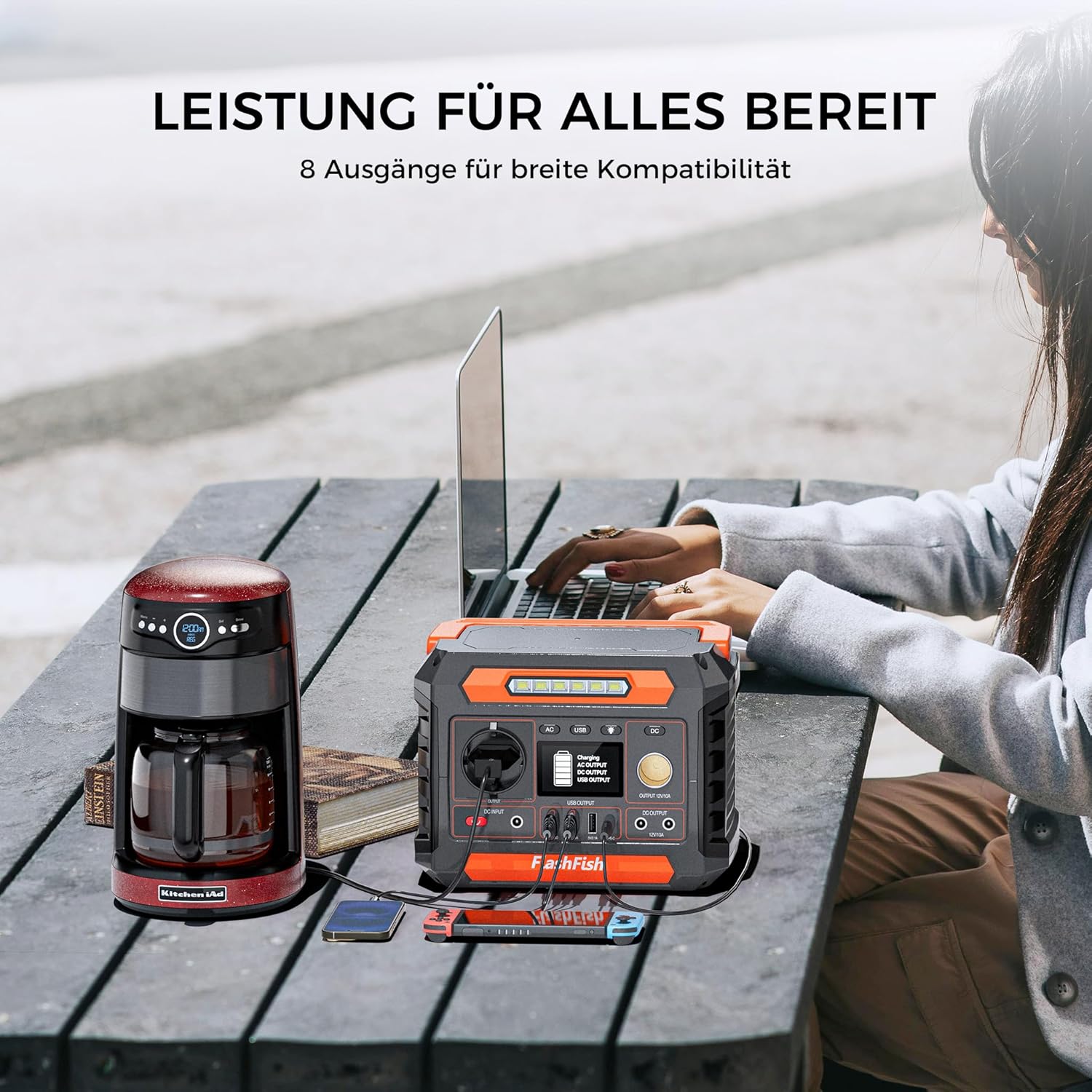 FlashFish P66 Tragbares Kraftwerk 230,88 Wh, Solargenerator 300 W (Spitzenleistung: 600 W) mit 2 Gleichstromanschlüssen, 4 USB-Anschlüssen, LED-Leuchten, Notstromgenerator-Batterie für Camping, Unterwegs, Stromausfälle – Bild 9