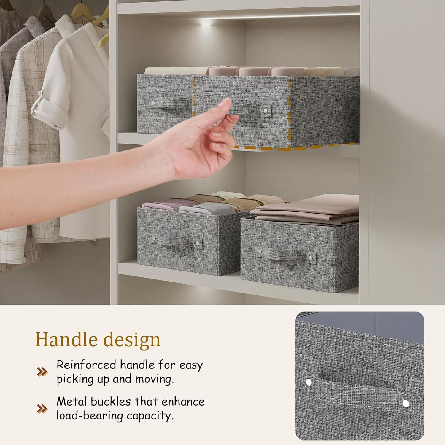 2 Stück Aufbewahrungskörbe für Regale, faltbare Stoff-Aufbewahrungsbox aus Leinen, Schubladen-Organizer-Box mit Griffen für Schrank, offene Stoffbehälter, 33 x 23 x 14 cm, grau – Bild 5