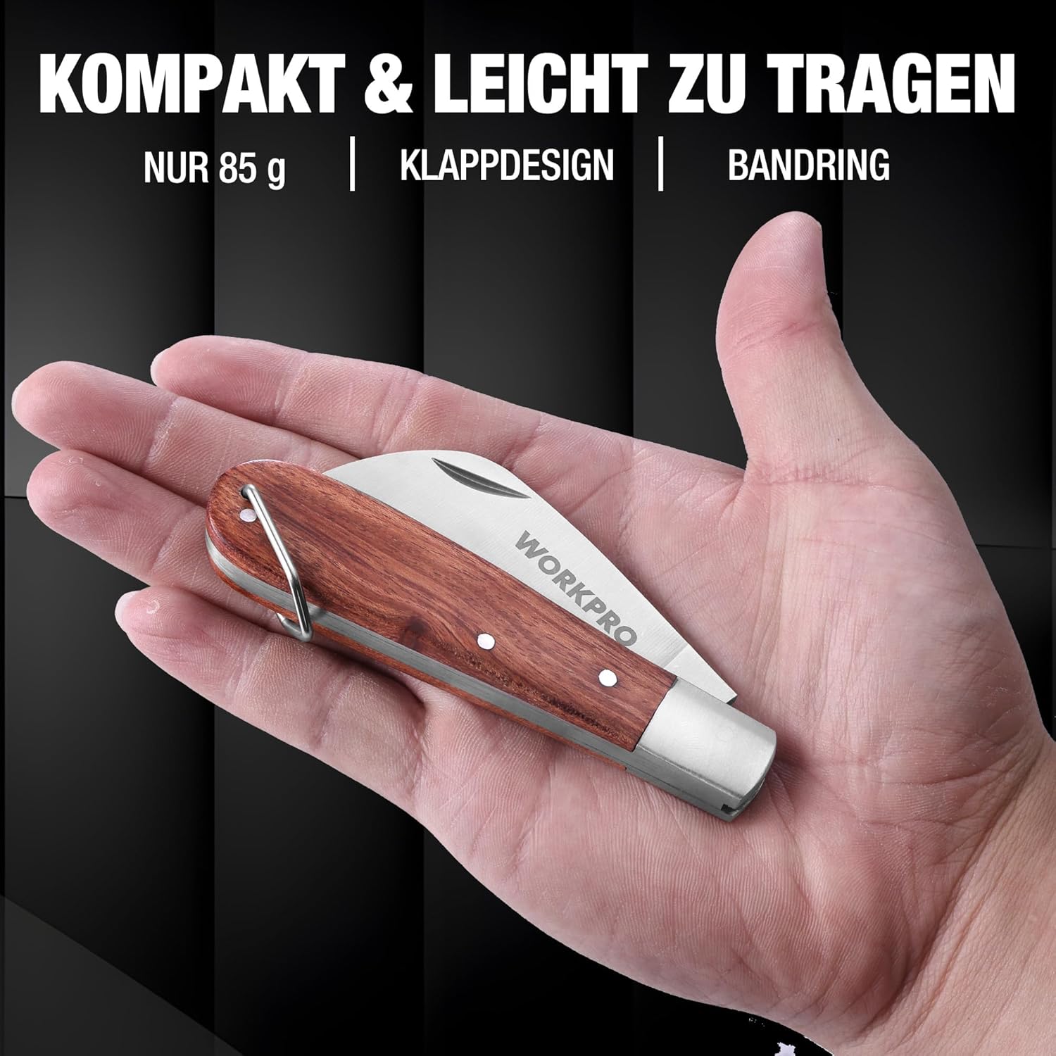 WORKPRO Klappbares Elektrikermesser mit gebogener Edelstahlklinge, poliertem Holzgriff, verstärkter Stahlzwinge, mit Bandring und Nagelkerbe, ideal zum Abisolieren von Kabeln, für Gartenarbeiten und den Einsatz im Freien – Bild 9