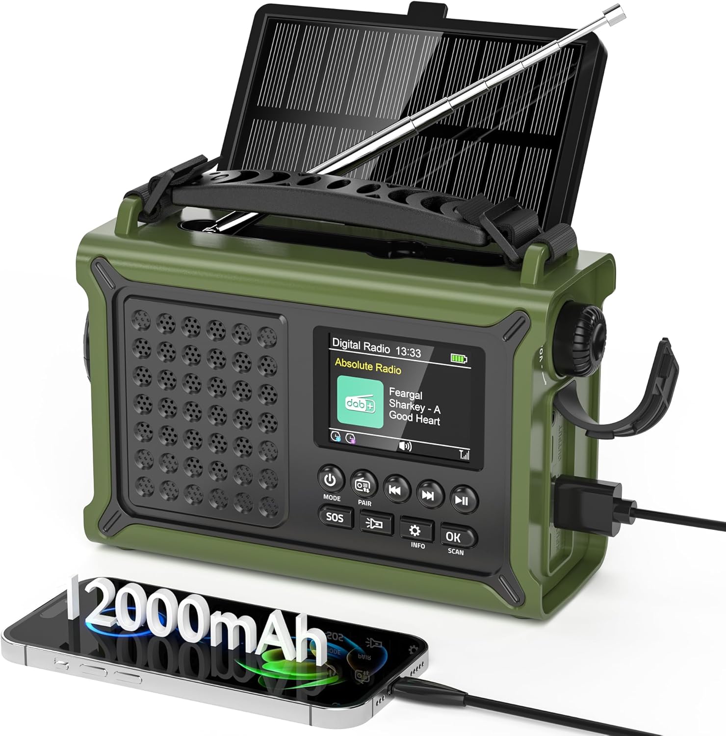 Kurbelradio DAB/DAB+/FM mit 12000 mAh Akku, Notfallradio mit 8500 mm² Solarpanel, Handkurbel-Blackout-Notfallausrüstung, Digitalradio mit Bluetooth 5.0, Taschenlampe & Leselampe für Outdoor, Camping