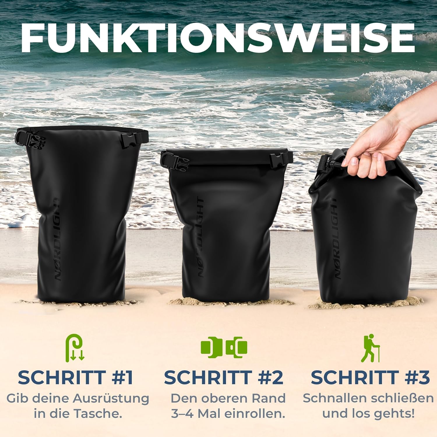 Nordlight Dry Bag wasserdichte Tasche, 2 l, 5 l, 10 l, 15 l, 20 l, 30 l, wasserdichter Trockensack + Roll-Top + Schultergurt, Schwimmen, Baden, Strand, Kanu, SUP, Tauchen, Handy – Bild 7