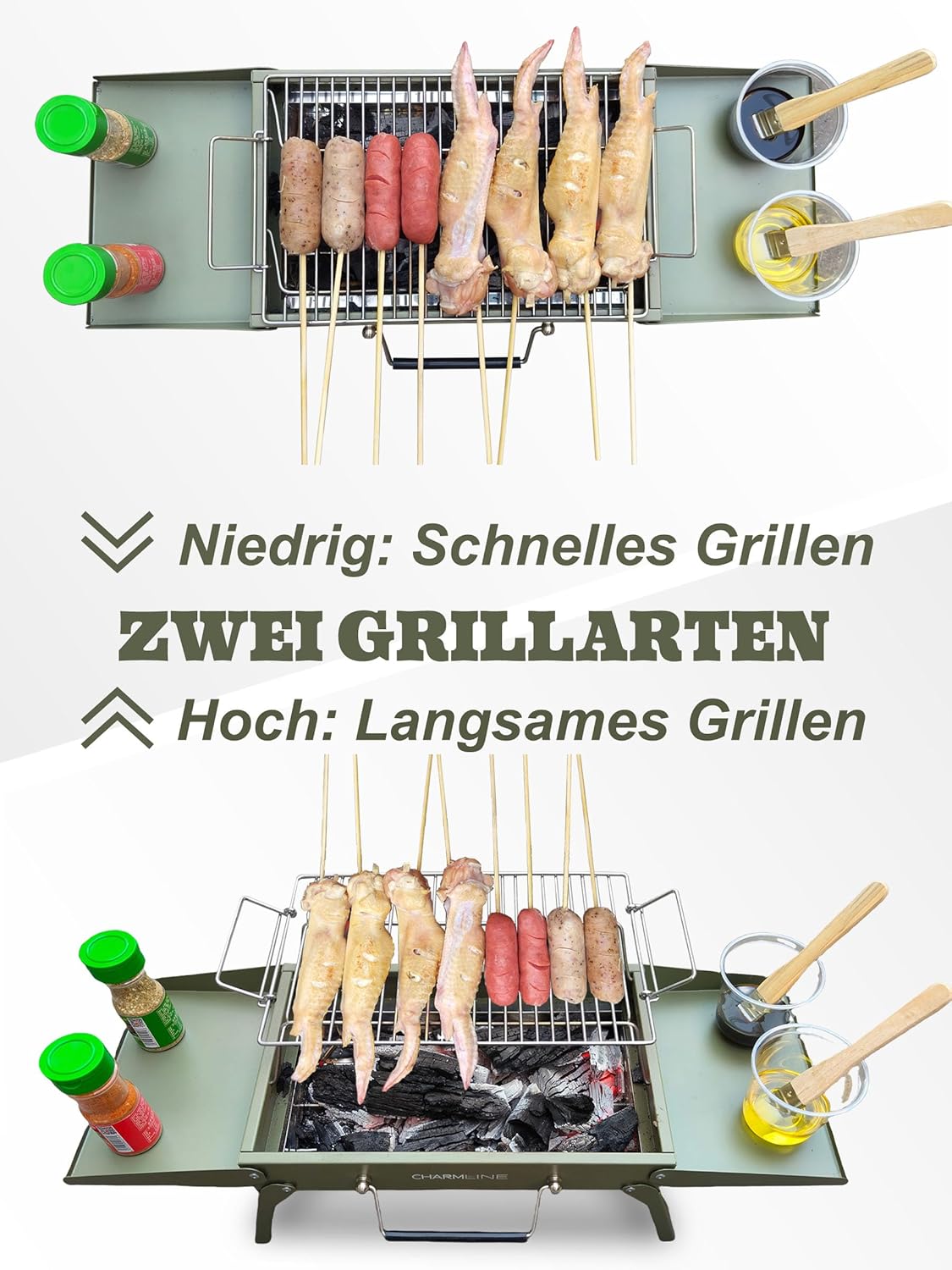 Charmline Tragbarer Holzkohlegrill, klappbarer Campinggrill 35 x 23 cm für 1–3 Personen, Mini-BBQ-Grill für Balkon, Garten, Camping, Picknick und Strand, Grün – Bild 8