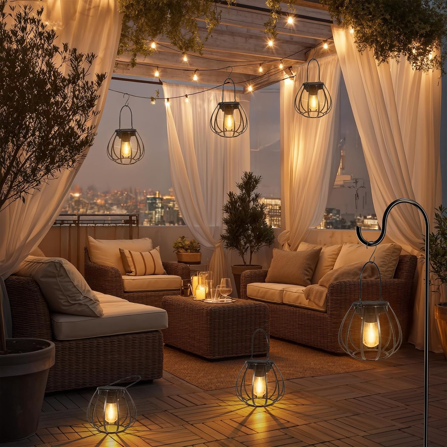 Solarleuchten zum Hängen/Stellen im Freien, 2 Stück – Solarlaternen für den Außenbereich, wetterfest – Solarlaternen mit LED-Glühbirne warmweiß für Gartendekoration, Balkon, Terrassendekoration, Campinglampe – Bild 6