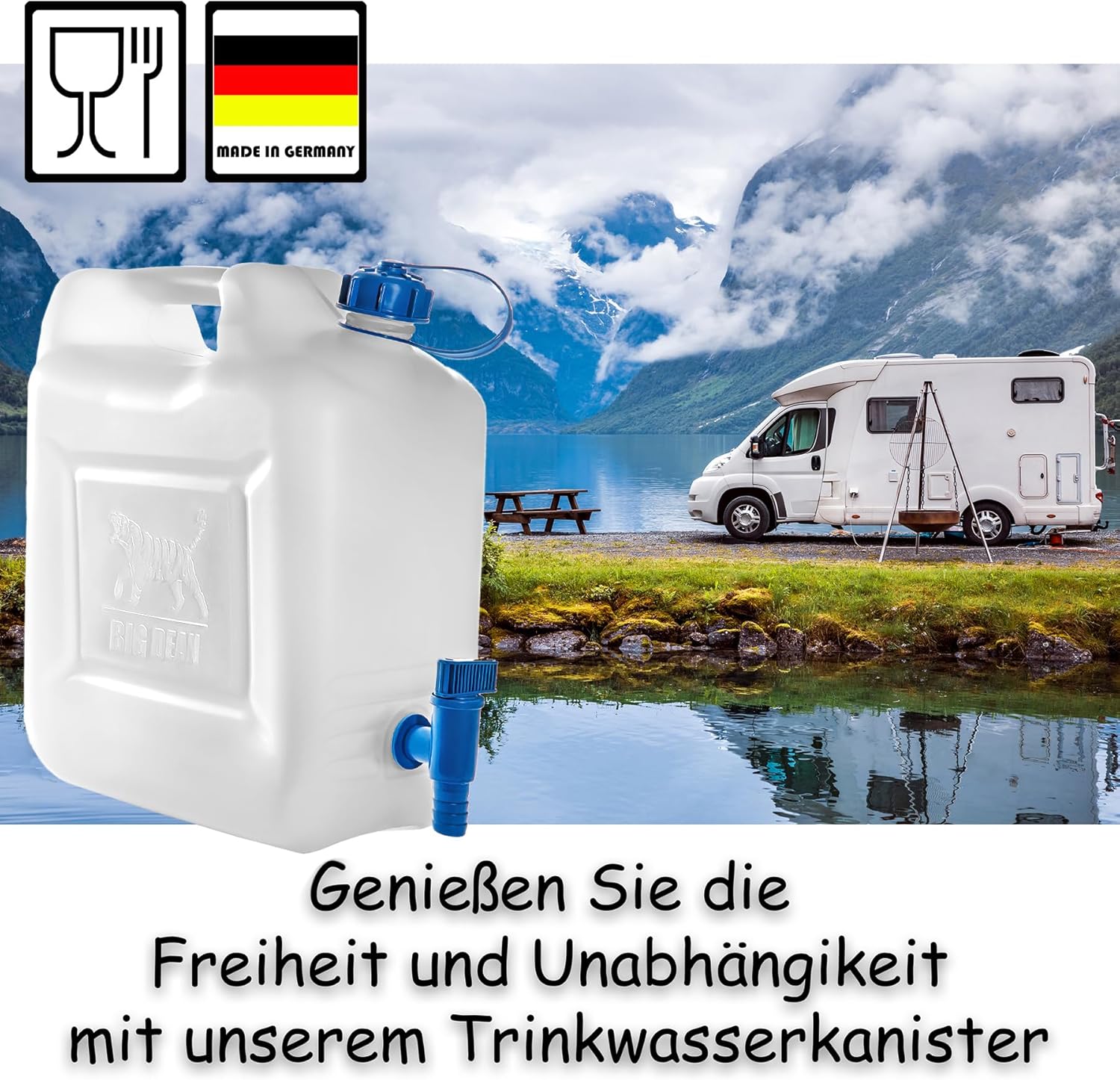BigDean Wasserkanister 12L Trinkwasserbehälter, Trinkwasserkanister mit Wasserhahn, lebensmittelecht, geeignet für 10-12 Liter, -20 - +70 Grad Celsius Reisekanister – Bild 2
