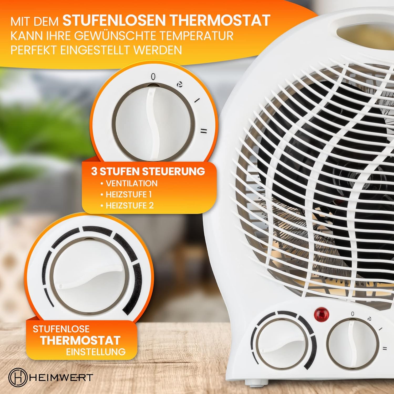 HEIMWERT Heizlüfter energiesparend 2000 Watt – Schnellheizer mit Energiesparstufe und Tragegriff – Elektroheizer mit Thermostat und 2 Power-Wärmestufen I 2-in-1-Kühlfunktion I 22 x 29 x 13 cm (weiß) – Bild 3