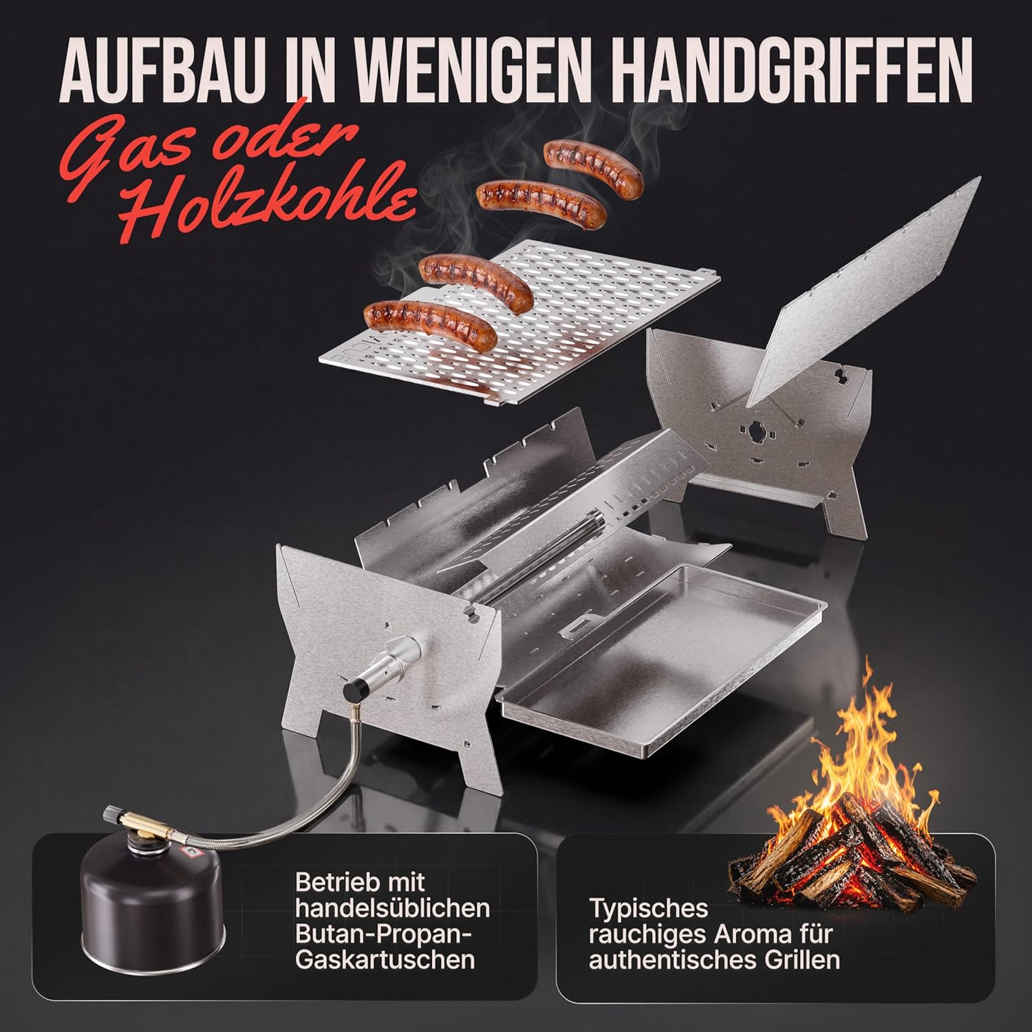 Grillen | Mobiler Plug-In-Gasgrill – Tragbarer Edelstahlgrill mit Plug-In-System – Gas- & Holzkohlebetrieb – inklusive Tragetasche – perfekt für Camping, Balkon, Garten & Outdoor – Campinggrill – Bild 6