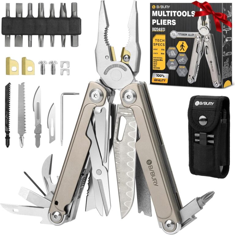 BIBURY Multitool Titan- und Damastmesser – Multifunktionswerkzeug mit Zange, Schere, austauschbarer Säge und Bits – professionelles EDC-Taschenmesser, Geschenke für Männer, Reparatur, Campingzubehör BI2049TI