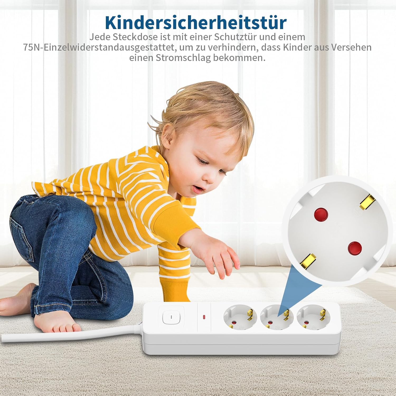 Realmade Mehrfachsteckdose mit Überlastschutz, 3 Steckdosen mit Schalter, Verlängerungskabel 3 m, weiß, Kindersicherung, Mehrfachstecker für Home Office – Bild 4