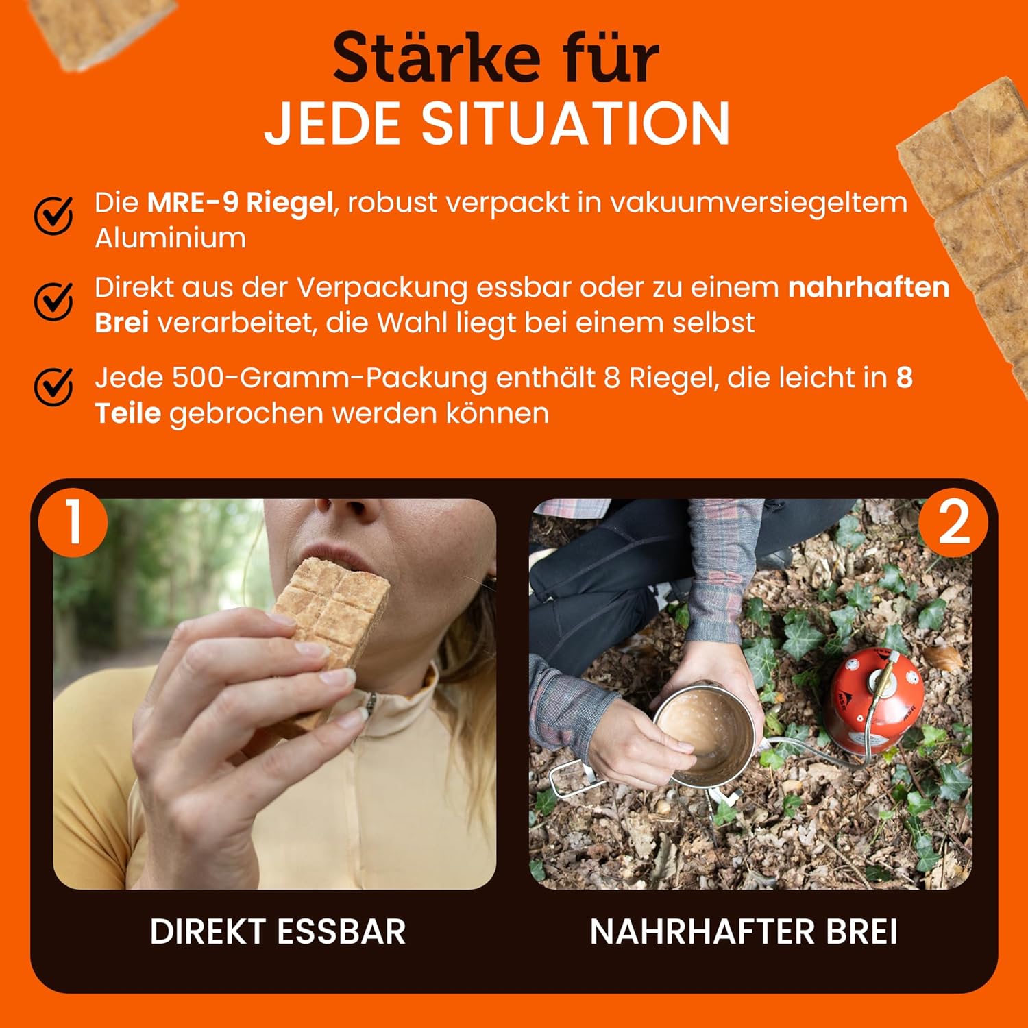 MRE-9 Notfallration, 24 Tage Notfallnahrung, 20 Jahre Haltbarkeit, 24 x 500 g Notfallnahrung, 2400 kcal pro Tag, zusätzliche Vitamine – Bild 6