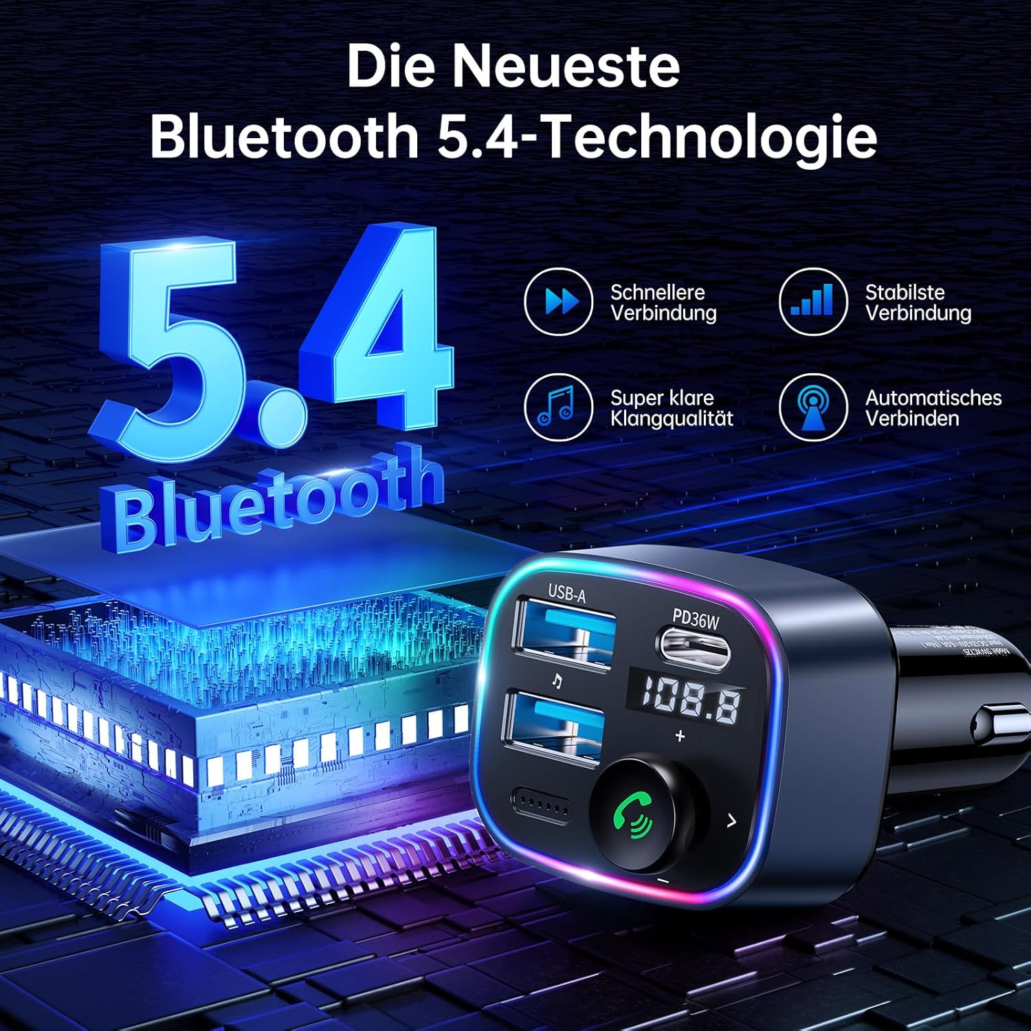 SYNCWIRE Bluetooth 5.3 FM-Transmitter-Autoladegerät 48 W (PD 36 W und 12 W), Dual-USB-Port-Ladegerät, Autoadapter, kabelloses Radio-LED-Display, unterstützt 64-GB-USB-Laufwerk, Lichtschalter, blau – Bild 2
