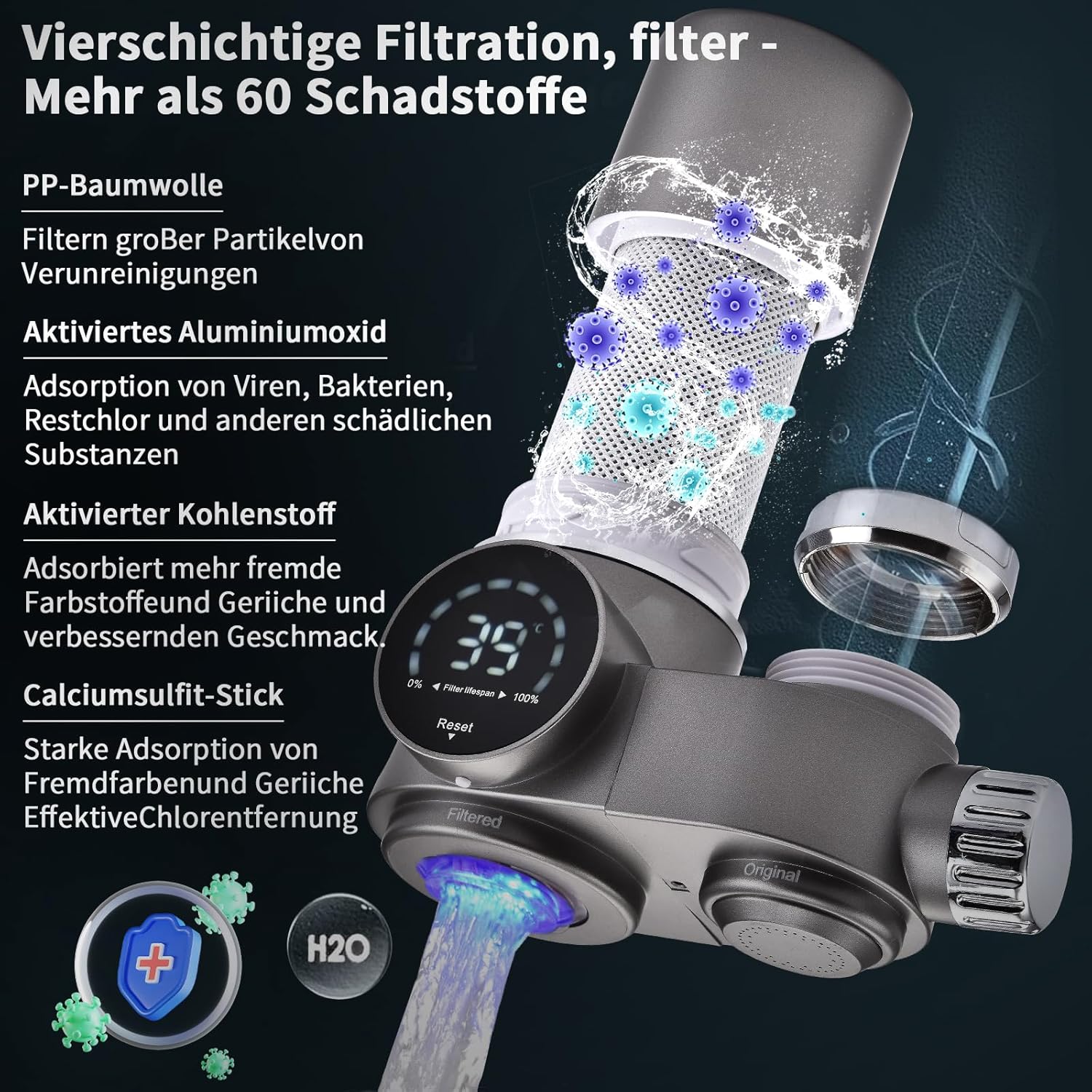 HOMELODY Wasserfilter Wasserhahn, Wasserfilter Trinkwasser mit LED-Anzeige, entfernt Chlor, Schwermetalle und schlechten Geschmack, Wasserhahnfilter mit blauem Licht für die Küche (inkl. Filter x 1) – Bild 3