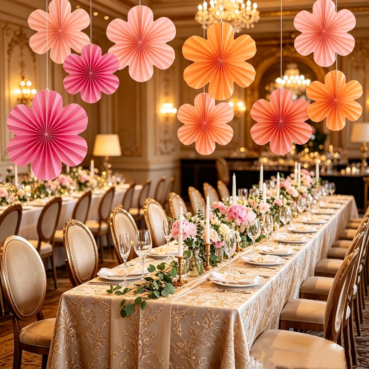 9 Stück Papierfächer Dekoration Papierblumen zum Aufhängen Rosa Blumen Papier Party Deko Set für Hochzeit Geburtstag Tischdeko Klassenzimmer Babyparty Fasching Deko – Bild 5