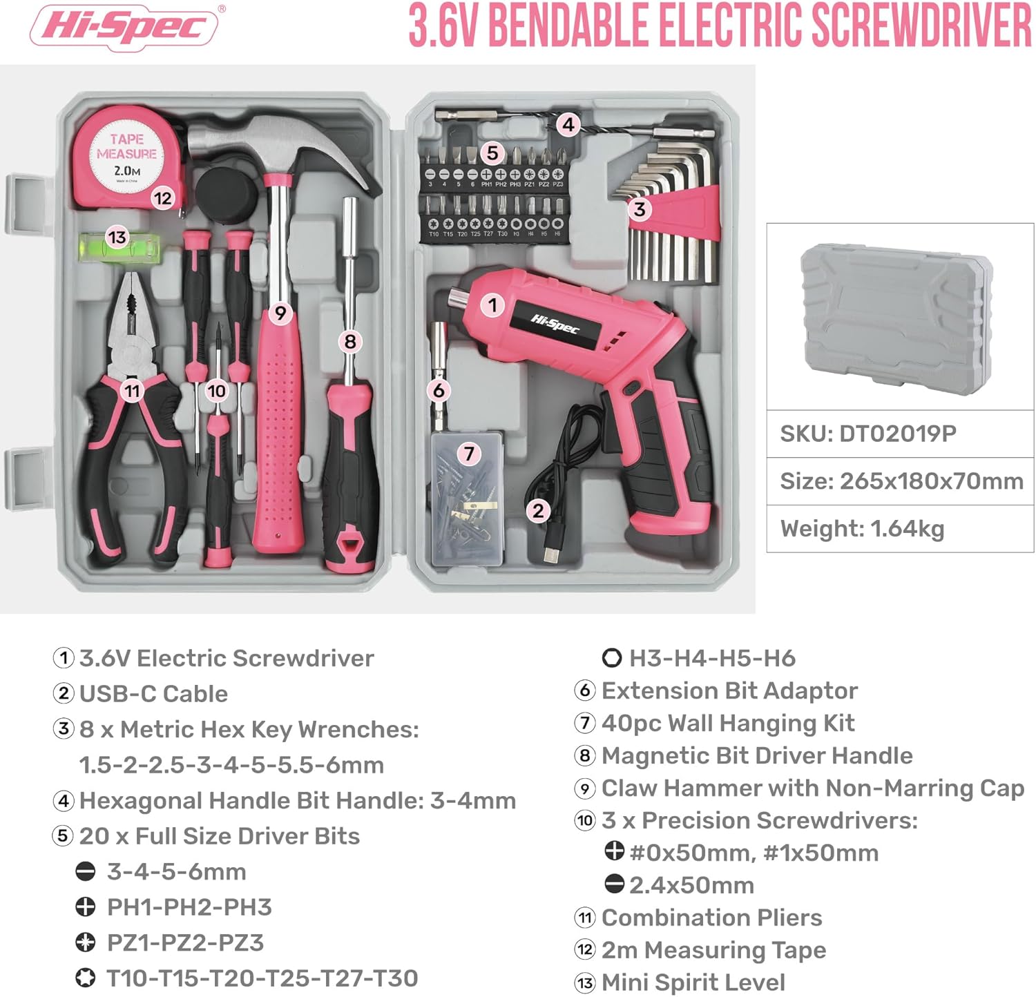 Hi-Spec 42-teiliger Werkzeugkasten mit kleinem 4-V-Akkuschrauber und Haushaltswerkzeugen. Komplettes Werkzeugset für Frauen und Heimwerker im praktischen Werkzeugkoffer – Bild 7