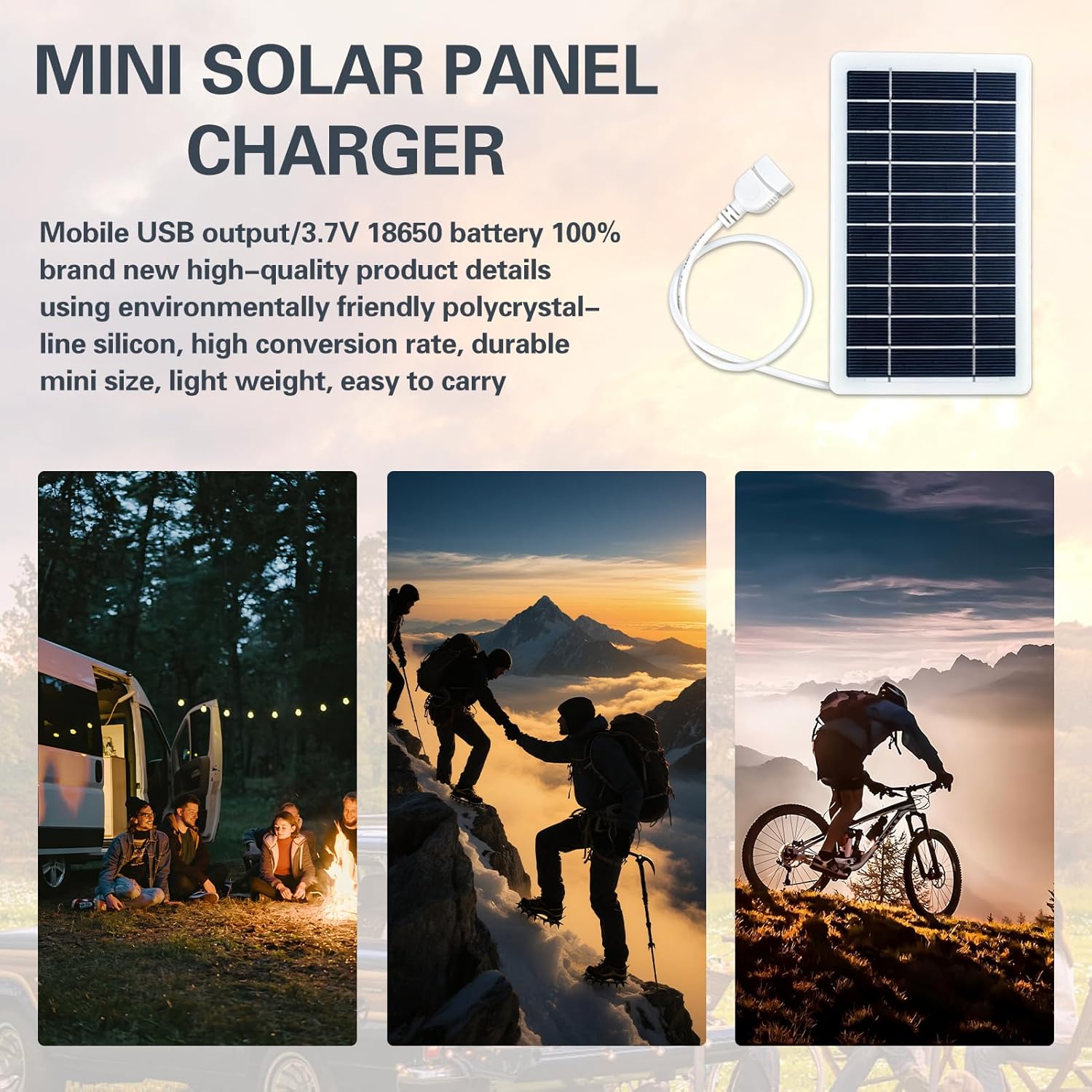 Tragbares Solarpanel 5 W 5 V mit USB-Anschluss – IP65 wasserdichtes Solar-Ladegerät für Handy, Powerbank, Camping, Wandern, Outdoor – Bild 5
