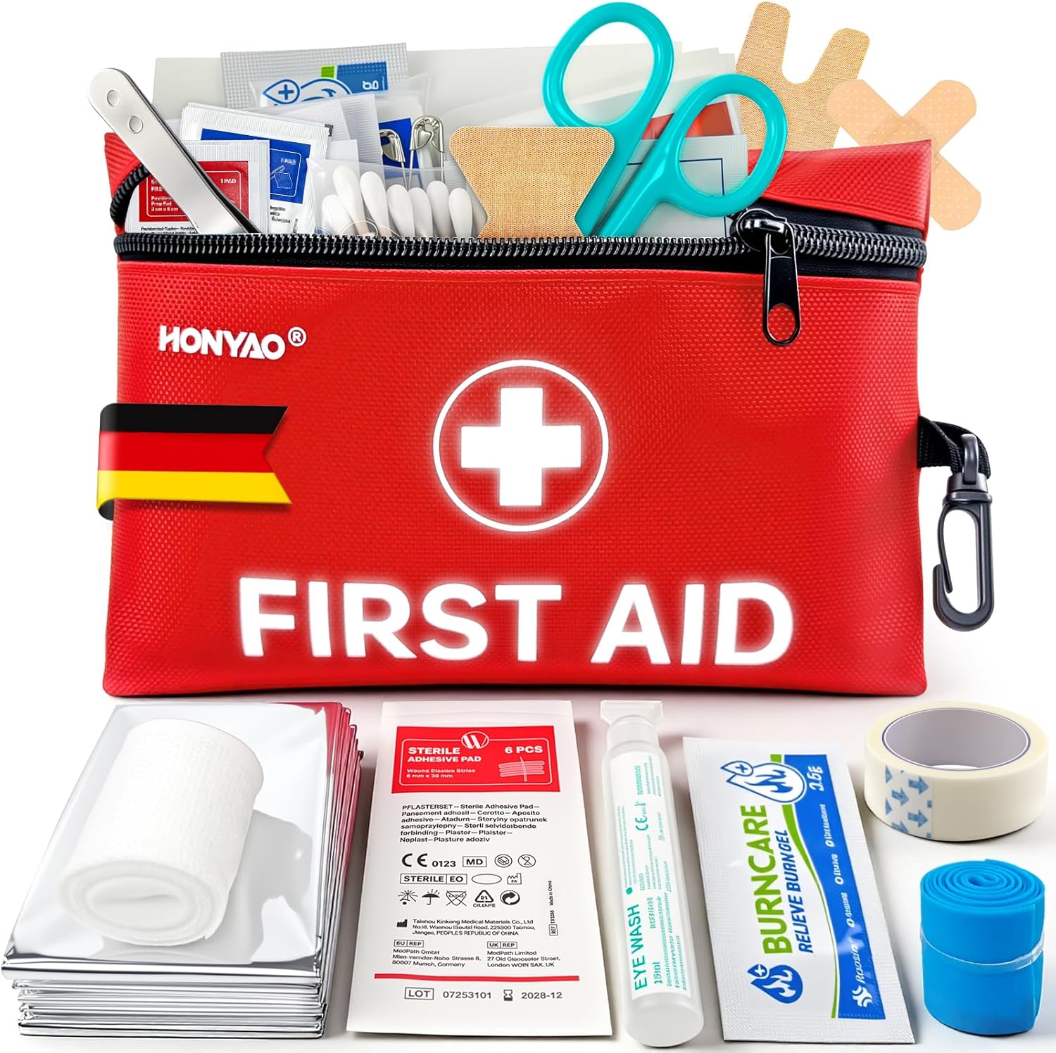 HONYAO Erste-Hilfe-Set, 105-teilig, Mini-Reiseapotheke, Erste-Hilfe-Set, klein für Outdoor, Reisen, Zuhause, Camping, Fahrrad, Wandern, Kinder, Rot