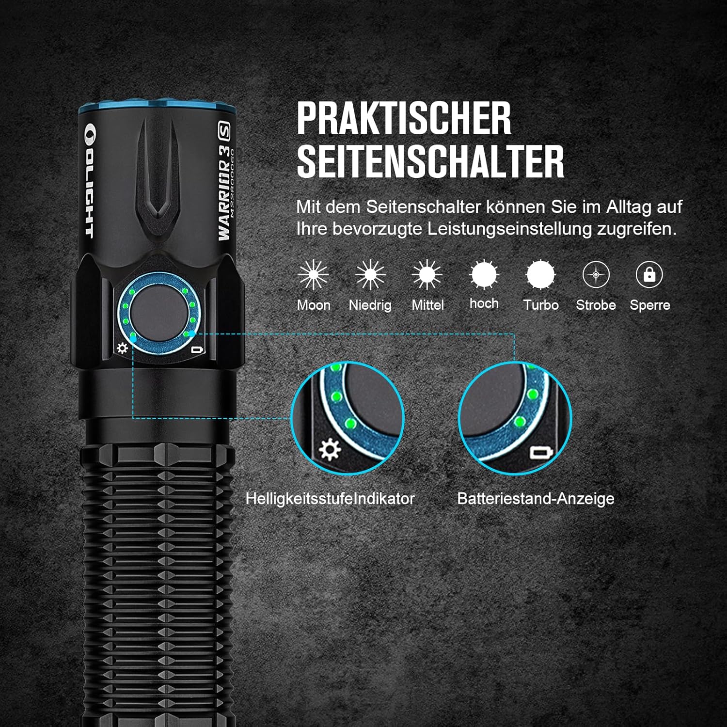 OLIGHT Warrior 3S Taktische Taschenlampe, 2300 Lumen, extrem hell mit 5 Modi, USB wiederaufladbar, mit Abstandssensor, IPX8 wasserdicht, für Camping, Wandern, Überleben und Suche (schwarz) – Bild 3