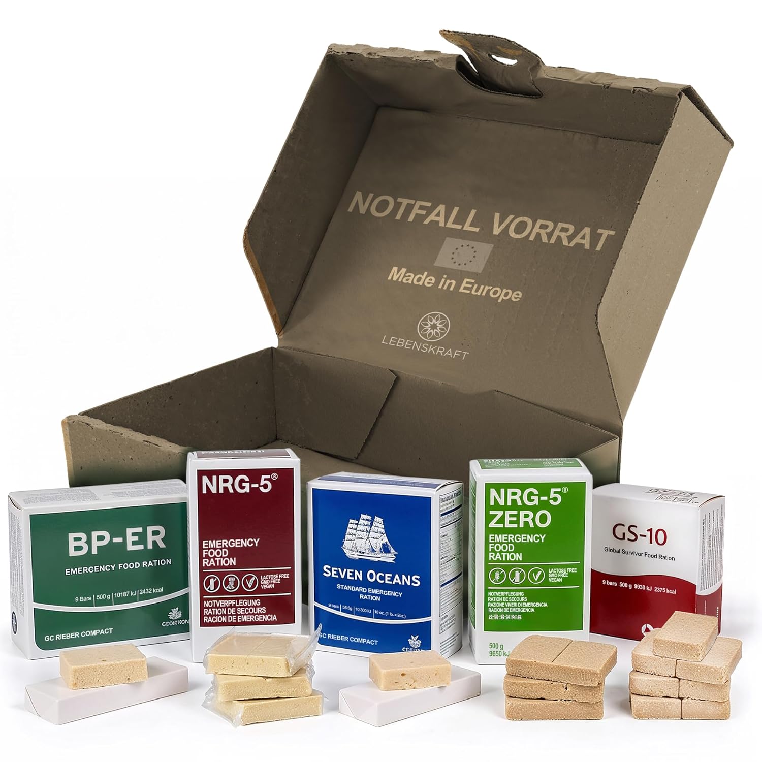 Notfall-Lebensmittel-Testpaket BP-ER, NRG-5, Seven Oceans & GS-10 Notfallration + NRG-5 Zero Glutenfrei – Überlebensnahrungsset für Katastrophenschutz & Notversorgungsnahrung – Langzeitlebensmittel essbar für 20