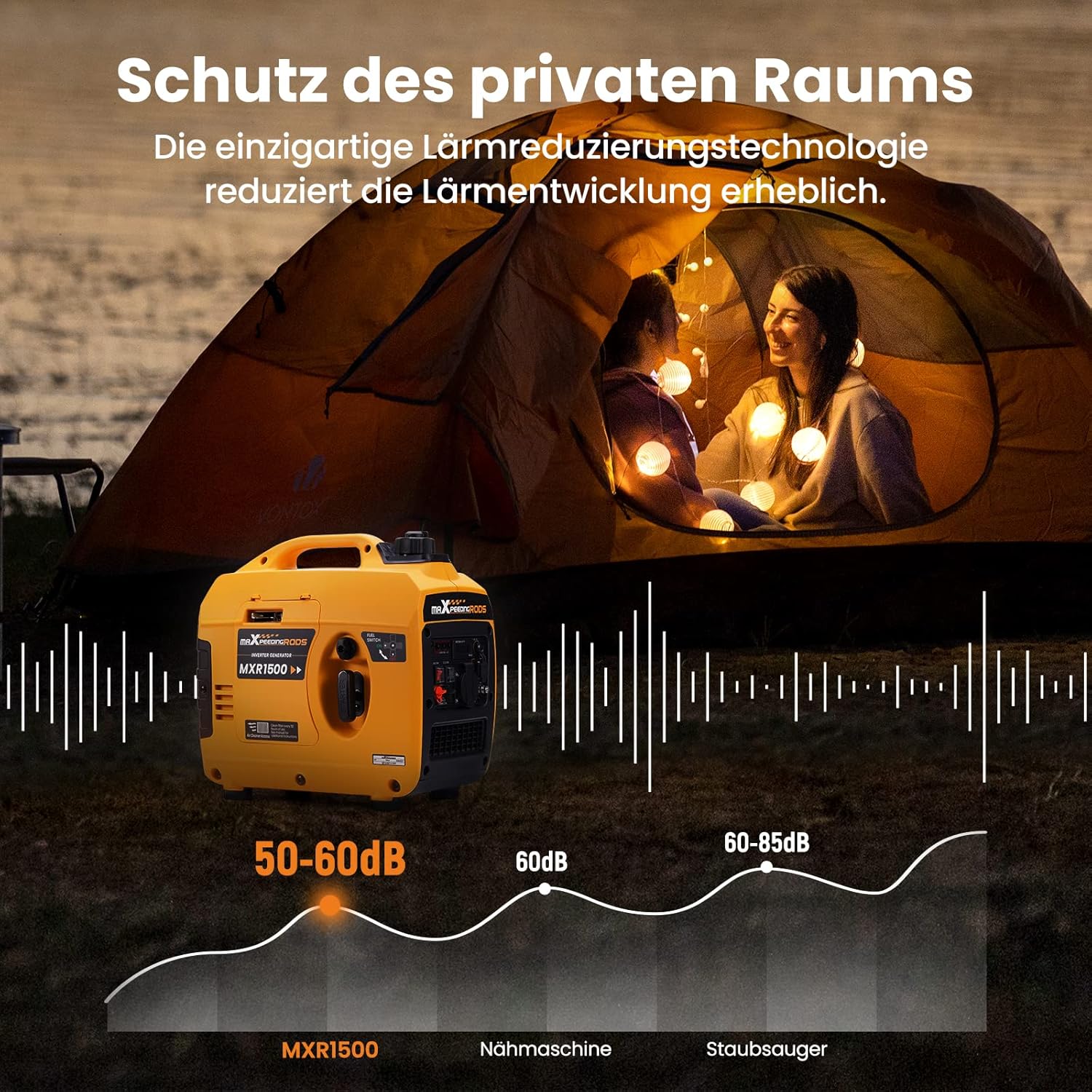maXpeedingrods 1200 W Stromgenerator, tragbarer Inverter-Stromerzeuger, super leise, leicht, 11,5 kg, benzinbetrieben, 4-Takt, mit AC/USB-Buchse für Outdoor, Camping, Wohnwagen, Notstromaggregat, Garage – Bild 4