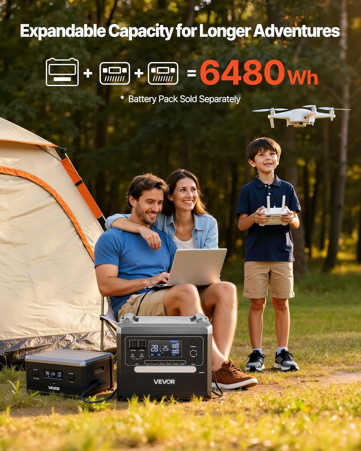 VEVOR Tragbares Kraftwerk, 2400-W-Solargenerator mit 2 faltbaren 200-W-Solarmodulen, erweiterbarer 2160-Wh-LiFePO4-Akku mit 10 Ausgängen für Notstromversorgung zu Hause, beim Camping und im Wohnmobil – Bild 4