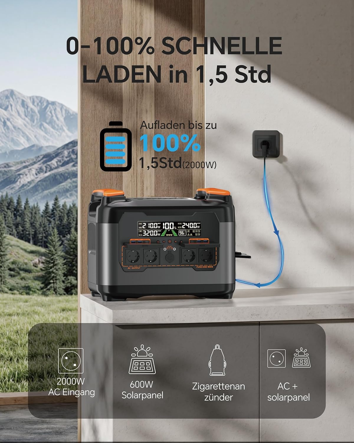 Tragbares Kraftwerk S2400, 2048 Wh/2400 W LiFePO4-Akku, 4 x AC-Ausgänge, 1,5 Stück Schnellladung, mobile Stromversorgung, MPPT 600 W Solargenerator für Heimcamping – Bild 4