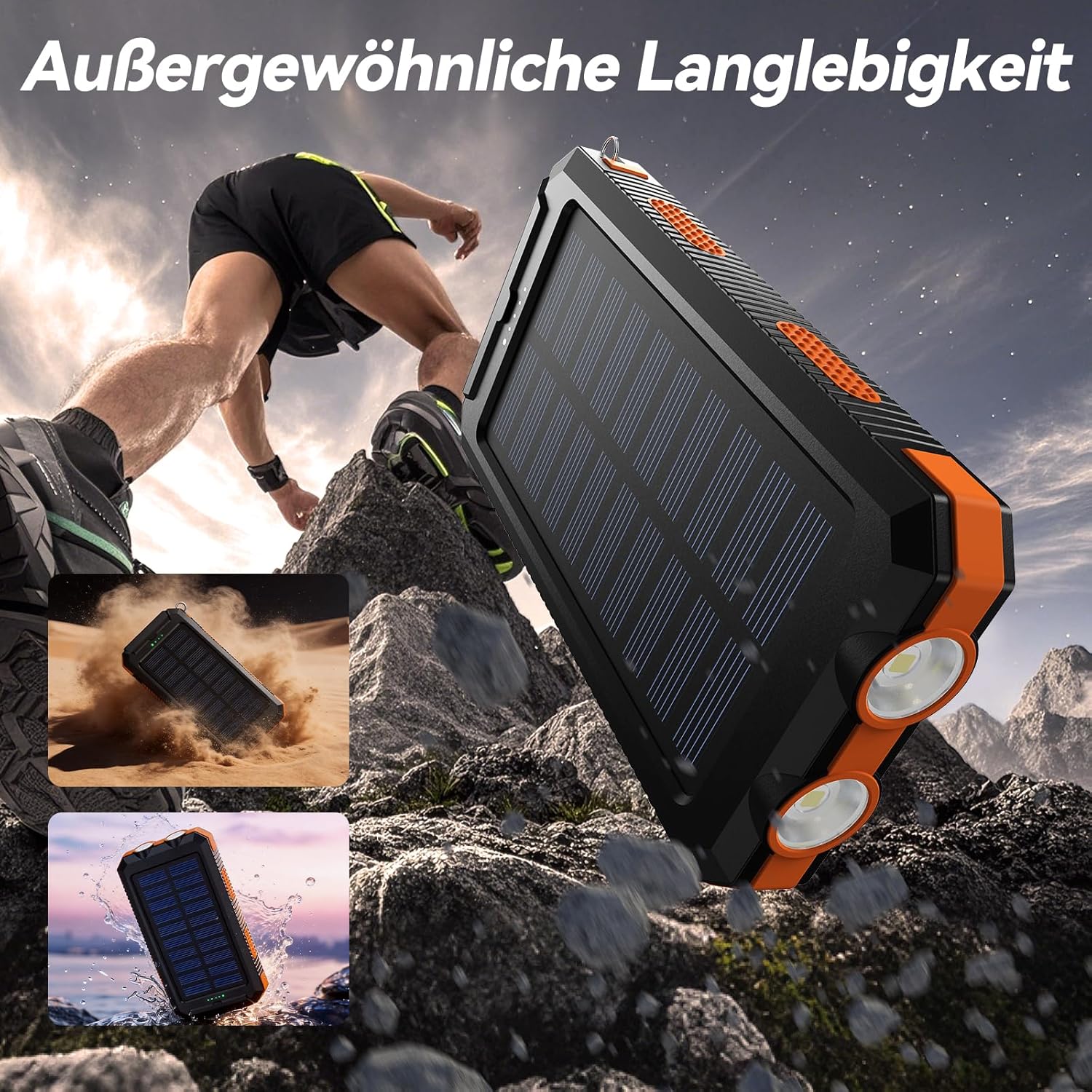 Vikeri Solar Power Bank 26800 mAh, Powerbank Solar Wasserdicht USB C Externer Akku mit 4 Ausgängen, Powerbank für Smartphones, Tablets und mehr (Dunkelorange) – Bild 6