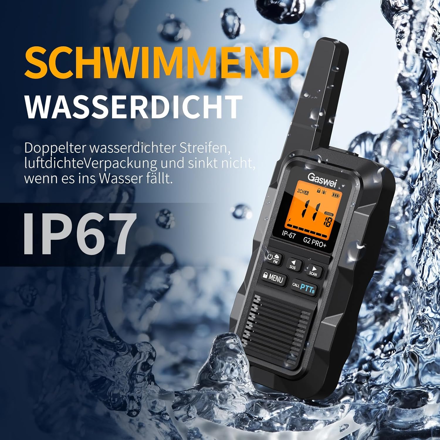 Gaswei G2Pro Professionelle Walkie-Talkies für Erwachsene (IP67 wasserdicht & schwimmfähig), Langstreckenradio mit Doppel-PTT, VOX, SOS-Alarm, UKW-Radio + Akku für den Außenbereich, 2er-Set in Schwarz – Bild 4