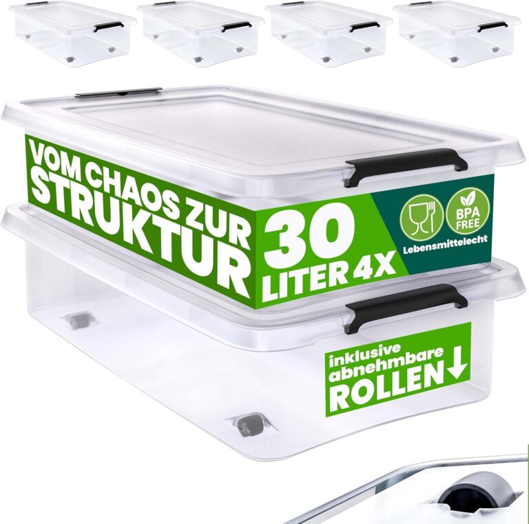 Deuba Aufbewahrungsboxen 4 x 30 L mit Deckel und Rollen, stapelbar, transparenter Kunststoff, BPA-frei, Klickverschluss, RB60 für Büro, Garage, Waschküche