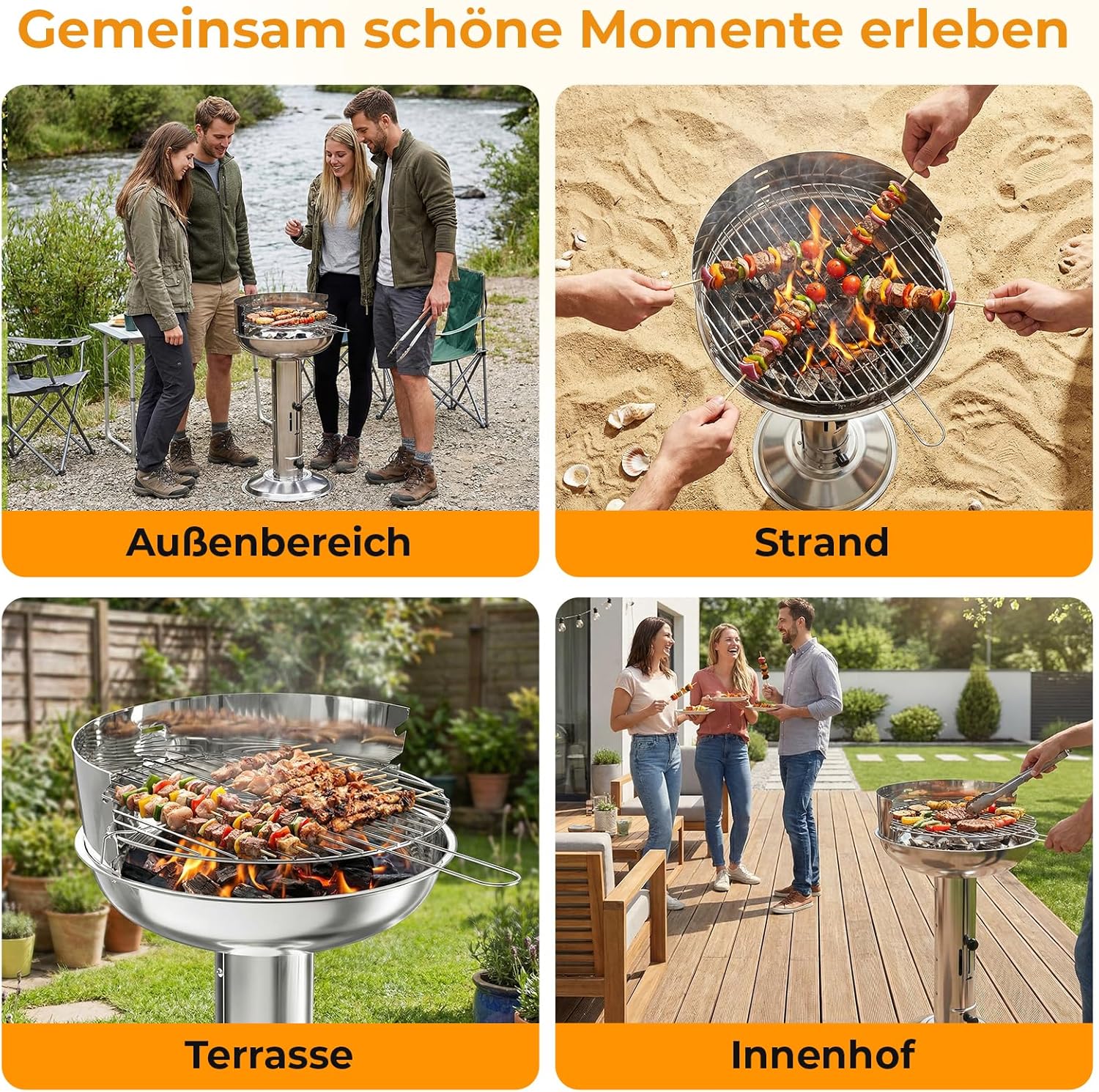 TLGREEN Edelstahl-Holzkohlegrill, Säulengrill, wetterfest, 40 x 40 x 69 cm, 3-fach höhenverstellbar, Premium-Edelstahlgrill mit verchromtem Grillrost, Aschenbecher und Belüftung, für Outdoor, Camping, Grillen – Bild 5