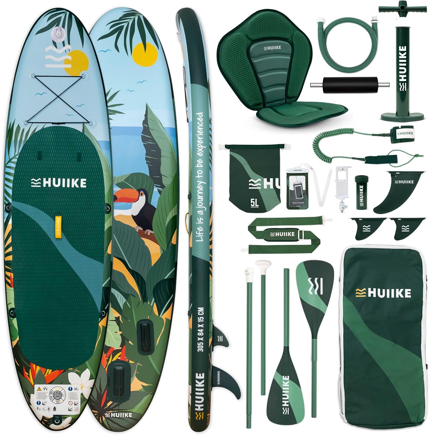 HUIIKE Stand Up Paddling Board mit Zubehör, Paddel, Finnen, Pumpe. Paddle Sup Board aufblasbar, hohe Stabilität und Widerstandsfähigkeit. 305 x 84 x 15 cm, maximale Belastung 130 kg