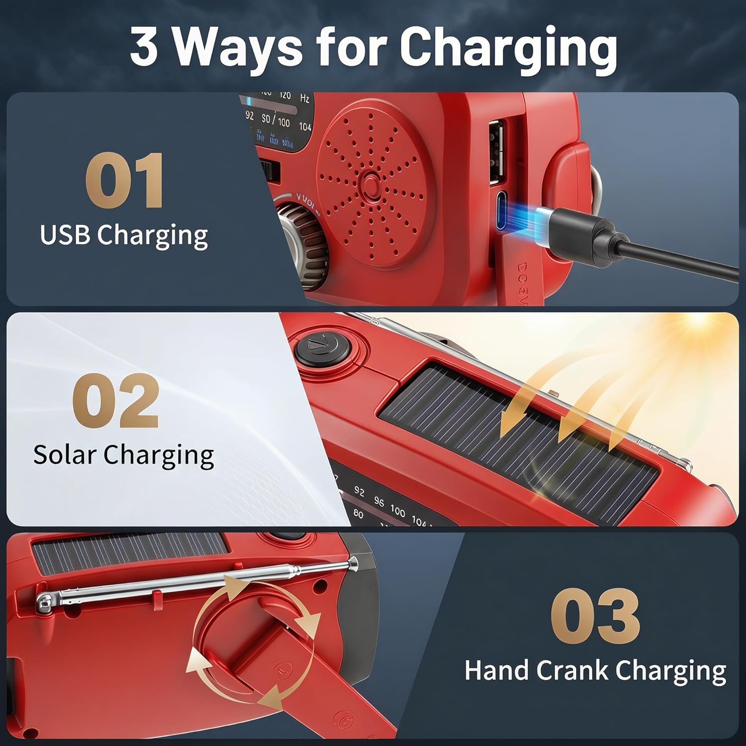 Notfallradio mit Solar & Kurbel, 3 x LED-Taschenlampe, 2000 mAh Powerbank, AM/FM/Wetter, USB-C, SOS-Alarm – Tragbares Survival-Set für Camping, Outdoor, Stromausfall – Bild 2