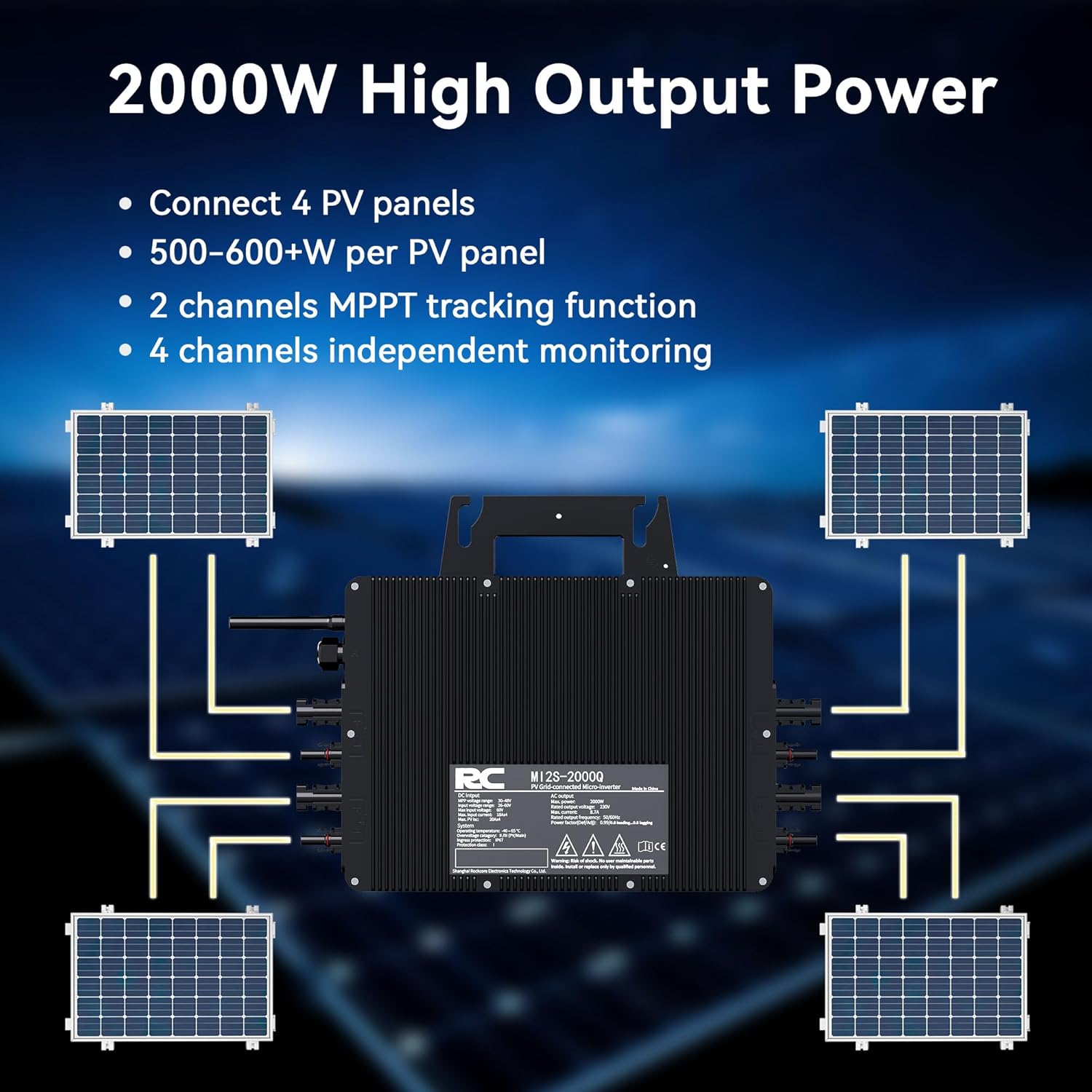 RC Mikro-Wechselrichter 2000 W für Balkonkraftwerk, 26-60 V DC Eingang pro Kanal, 99,8 % MPPT-Wechselrichter, unterstützt WLAN, App-Fernüberwachung, IP67, 0 % MwSt – Bild 3