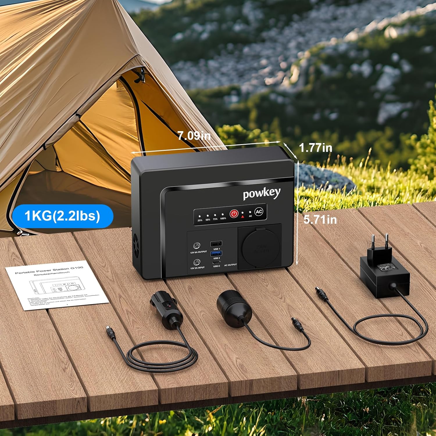 Powkey Tragbare Power Station 26400 mAh/97,68 Wh Power Bank Steckdose mit 100 W/230 V AC Ausgang, 12 V 8 A DC, PD 65 W USB C Externer Akku Power Station Camping Tablet Handy – Bild 7
