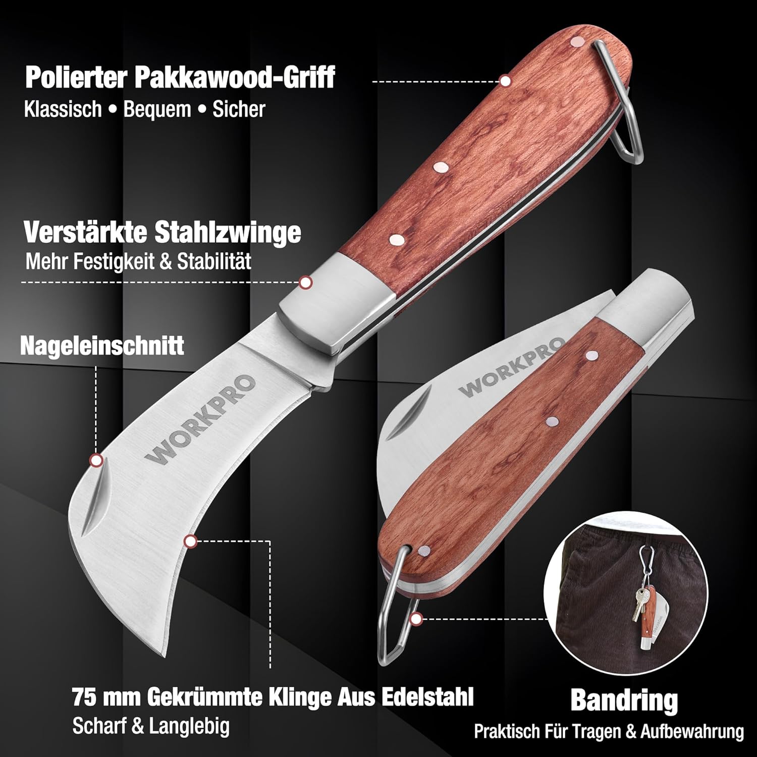 WORKPRO Klappbares Elektrikermesser mit gebogener Edelstahlklinge, poliertem Holzgriff, verstärkter Stahlzwinge, mit Bandring und Nagelkerbe, ideal zum Abisolieren von Kabeln, für Gartenarbeiten und den Einsatz im Freien – Bild 3