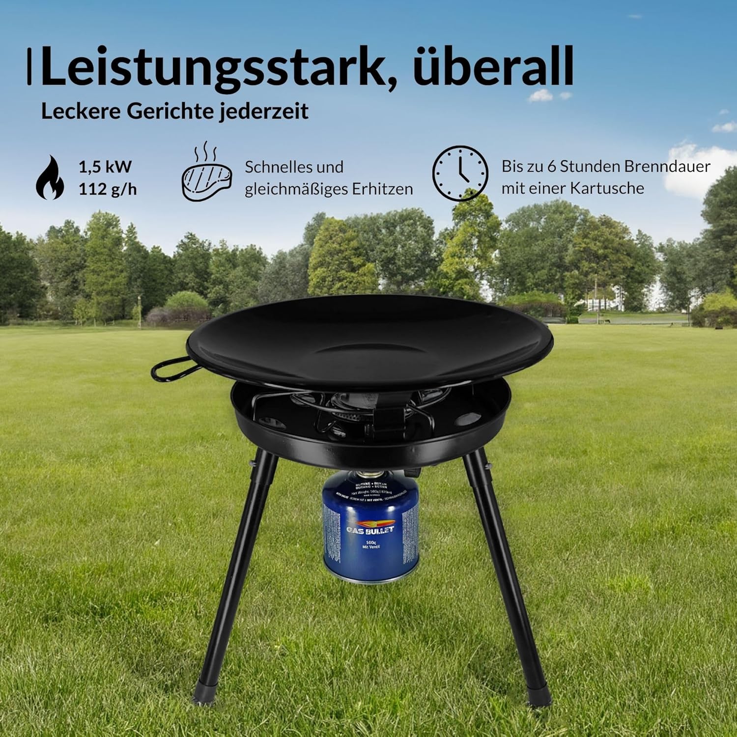 Gasgrill mit Pfanne & Wok + 4 Kartuschen (300 g) | für Schraubgaskartuschen | Schraubbar | Campinggrill, Partygrill für Camping, Festivals & Outdoor (Gaskocher + 4 Kartuschen) – Bild 4