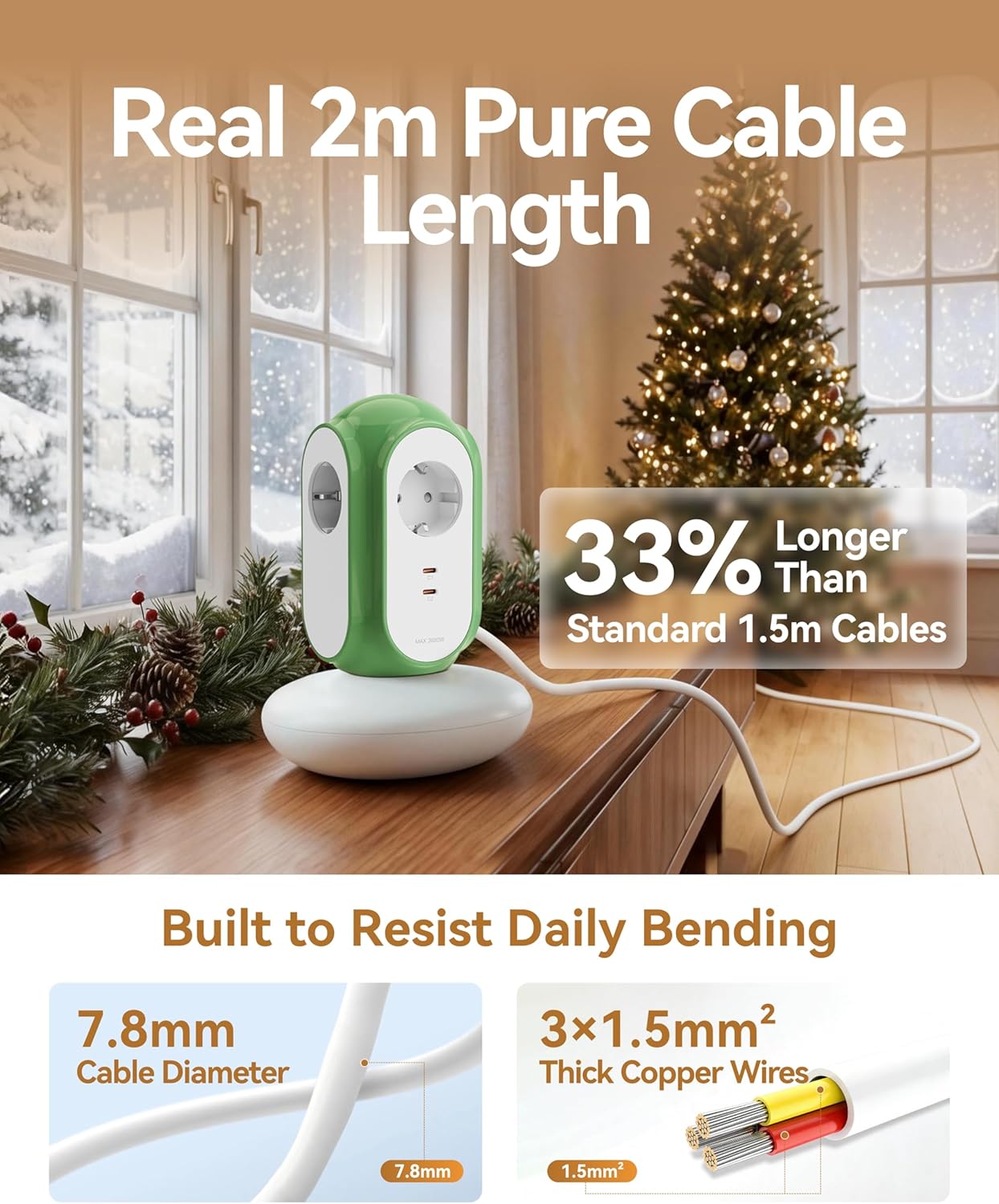 MiaoLab Steckdosenleiste mit 3 Steckdosen und 2 USB-C (30 W Schnellladung), 3680 W/16 A, 1420 J Überspannungsschutz, 479 g Basis, 2 m Verlängerungskabel, Überlastschutz, kompatibel mit Typ C/E/F – Bild 8