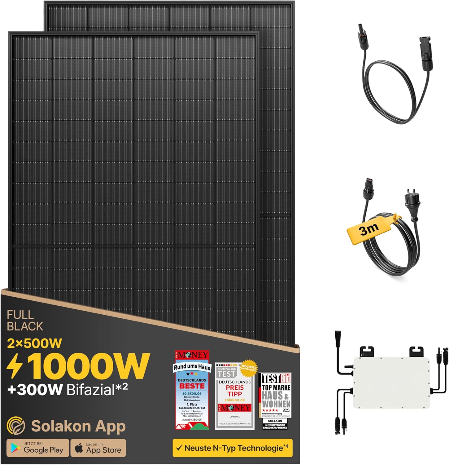 Solakon 1000 W Balkonkraftwerk – Balkonkraftwerk 800 W Komplettsteckdose – Neuester 800 Watt Wechselrichter – Solaranlage Komplettset – 500 W bifaziale Solarmodule inklusive Zubehör – 3 m Kabel